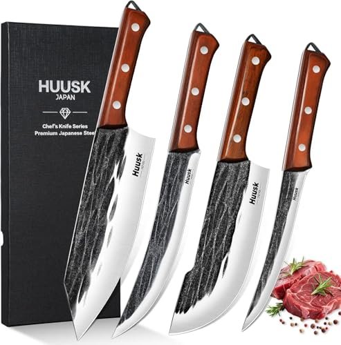 Huusk Butcher Knife Set, 4 PCS Hand Forged BBQ Knives