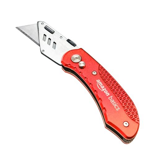 Amazon Basics Folding Utility Knife Box Cutter, Red...