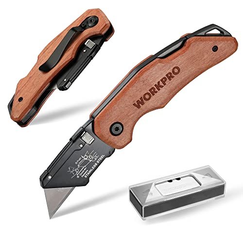 WORKPRO Folding Utility Knife with Stainless Steel and Wood...