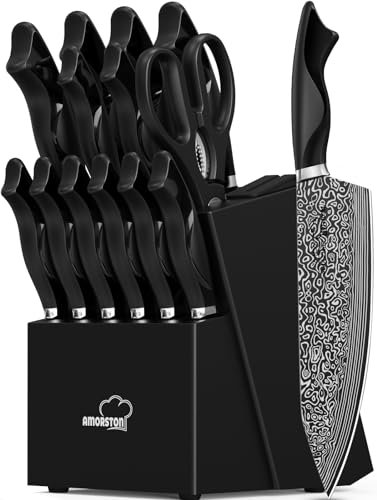 Knife Set, 15 Pieces Kitchen Knife Set with Sharpener Block