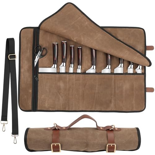 JOINDO Knife Roll with Leather Straps and Waxed Canvas Bag