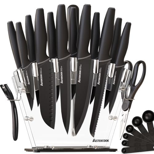 Astercook Knife Set with Block and Sharpener, 22 Piece Black
