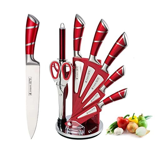 Kitchen Knife Set, 9-Piece Red Kitchen Knife Set with Block
