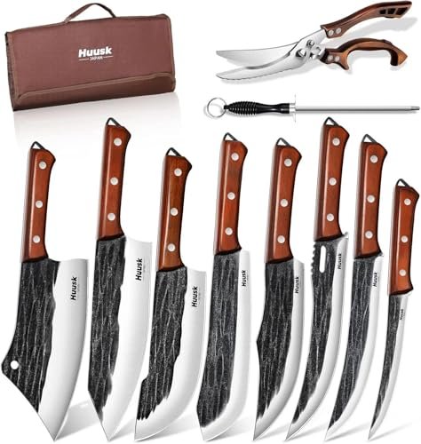 Huusk Butcher Knife Set, Hand Forged Butcher Chef Knife Set