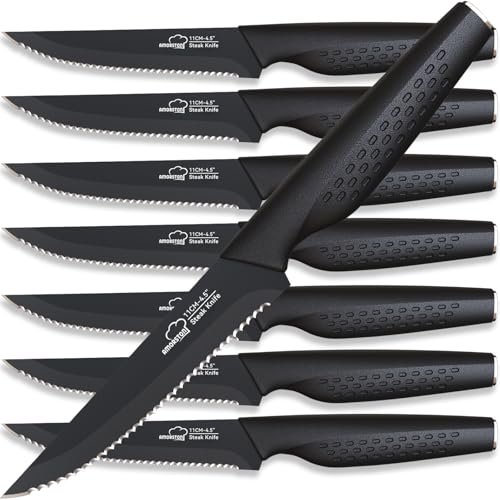 Amorston Steak Knives, Steak Knives Set of 8 Serrated Black