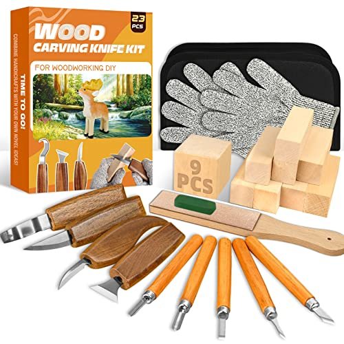 Wood Carving Kit, 23pcs Wood Carving Tools with 9 Blocks