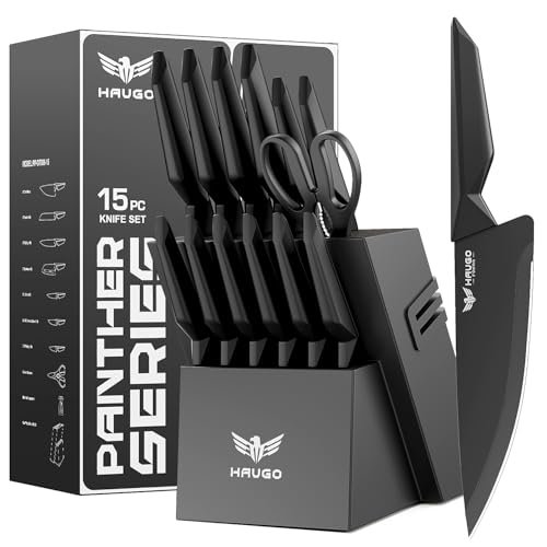 Haugo Kitchen Knife Set with Block: 15-Piece Professional...