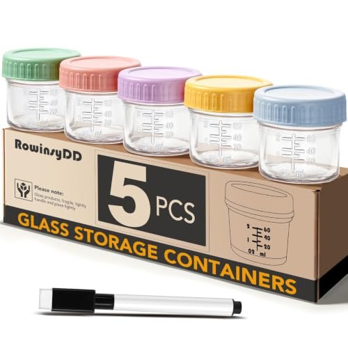 RowinsyDD 5 Pack Baby Food Containers, 4 oz glass jars.
