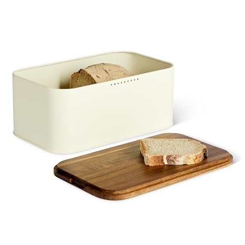 Amazon Basics Carbon Steel Bread Box with Acacia Wood Lid.