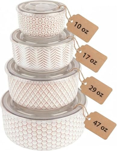 KooK Ceramic Nesting Bowls with Lids, Embossed Stoneware Set