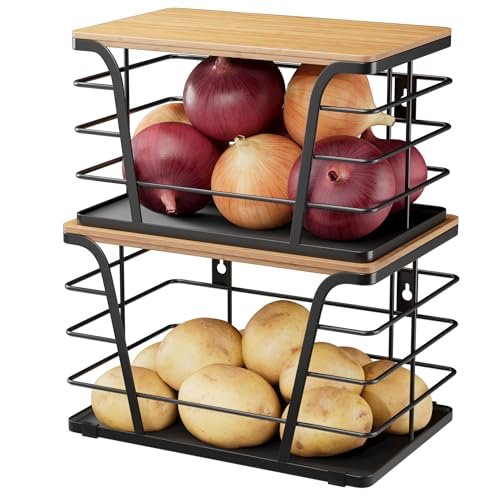 2 Pack Potato and Onion Storage Bins, Stackable Bamboo Top