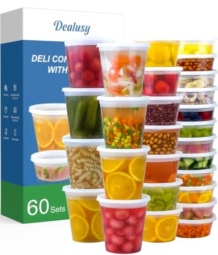 Dealusy 60 Set Deli Containers with Lids, assorted oz sizes.