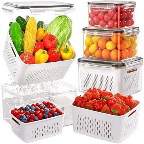 4 PCS Fruit Storage Containers for Fridge, with Colander.