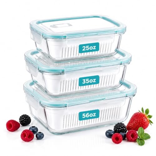 KIMIFACA Glass Berry Container for Fridge, 3 Pack Sets