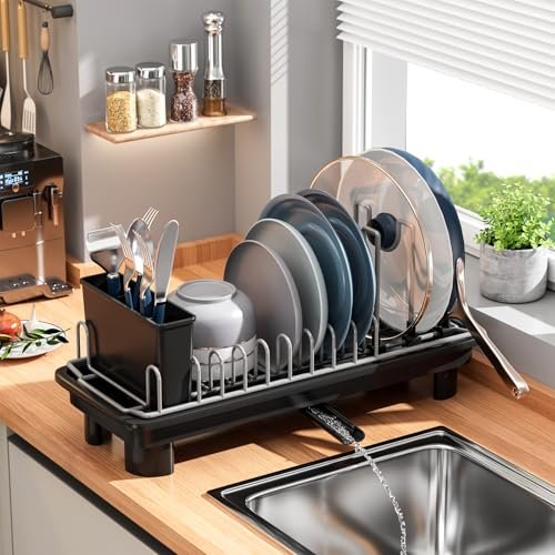 Small Dish Drying Rack, Stainless Steel with Drain Board