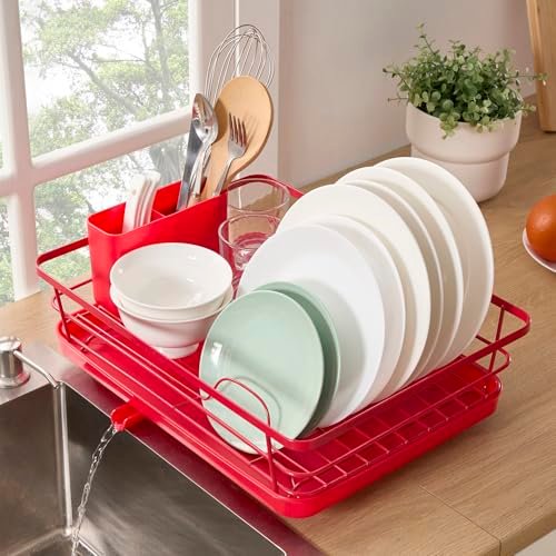 Dish Drying Rack 3 Piece Dish Drainer Red Organizer.