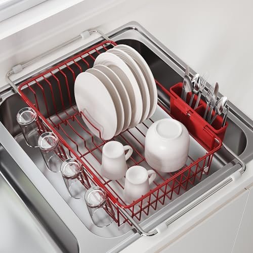 JASIWAY Red Dish Drying Rack in Sink, with holder.