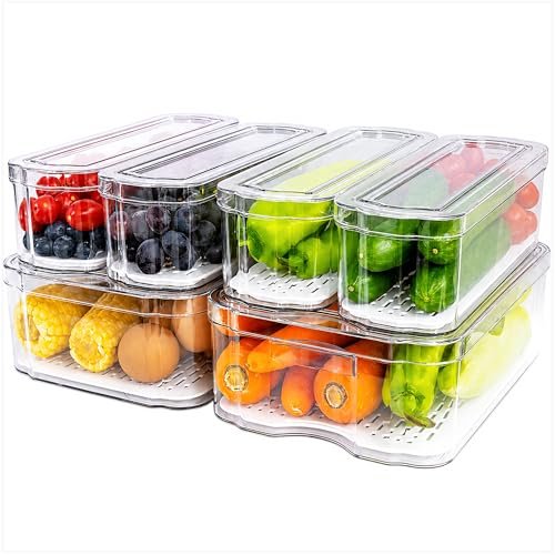 SMRCAD 6 Pack Clear Fridge Organizer Bins with Drain Trays