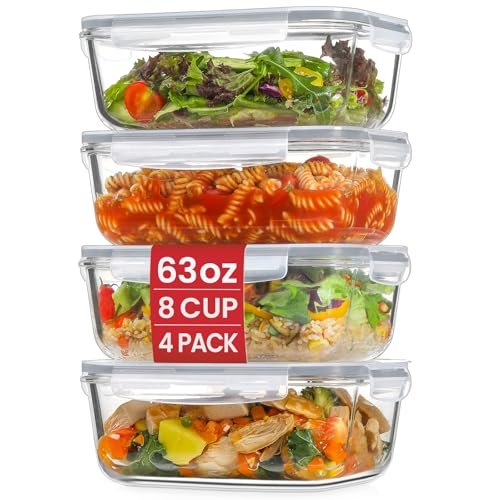Snuvid 4 Pack 8 Cups/ 63oz Large Glass Food Containers