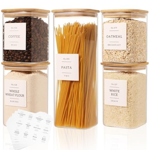 5 Pack Square Glass Pantry Storage Containers with Airtight...