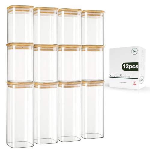 LIBWYS 12-Pack Square Glass Storage Jars with Bamboo Lids.