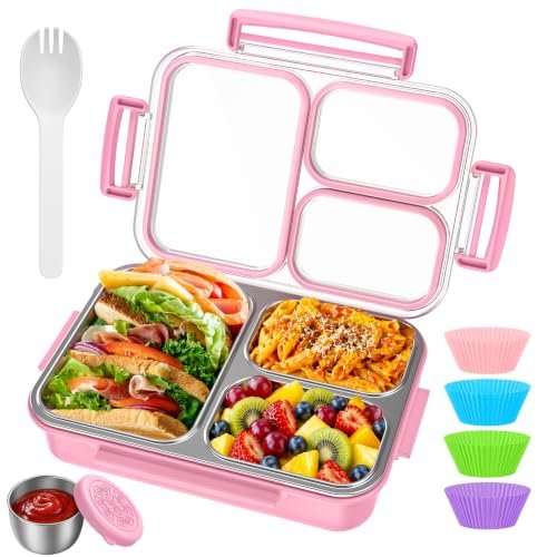 KHOXU Stainless Steel Bento Box for Kids Adults, 28oz Pink