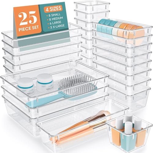 25 PCS Clear Plastic Drawer Organizer, Makeup Storage Bins