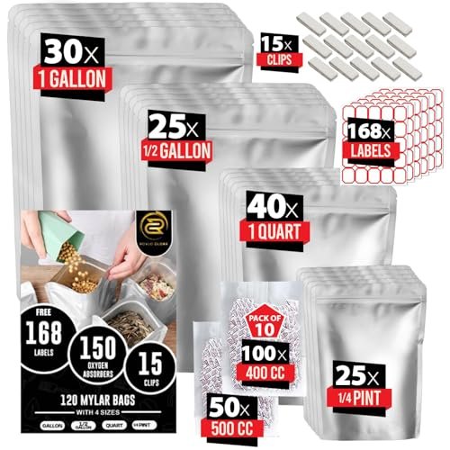 120 Mylar Bags with 150 Oxygen Absorbers-168 Labels Included