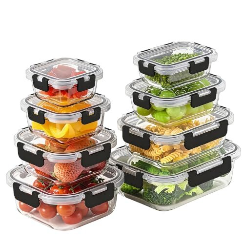 8 Pack Glass Food Storage Containers with Snap Locking Lids.