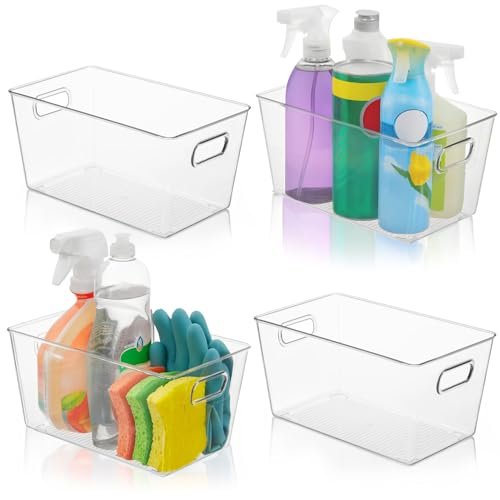 FairHome Set of 4 Clear Plastic Storage Bins With Handles