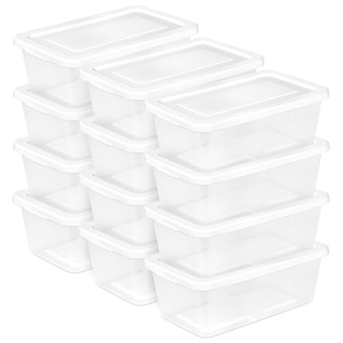 Sterilite 6 Quart Storage Box, Clear Plastic with White Lid.