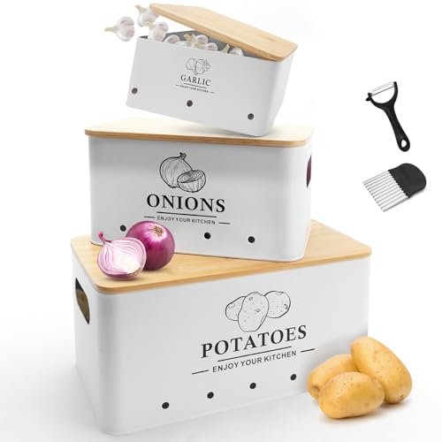 Dekosilave Kitchen Vegetable Storage Set of 3, Metal White