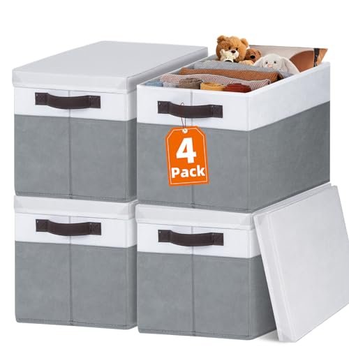 Large Closet Storage Baskets Bins with Lids 4 Pack Stackable