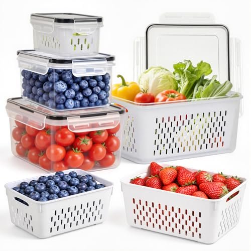 4 PCS Fruit Storage Containers for Fridge, Leakproof...