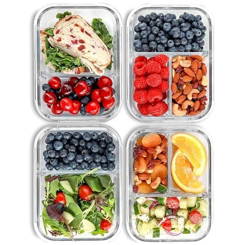 Glass Meal Prep Containers 2 and 3 compartments, leak-proof.