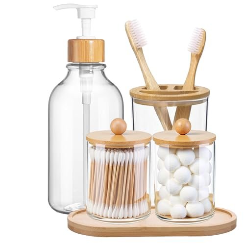 5 Pack Bamboo Bathroom Accessories Set with Tray