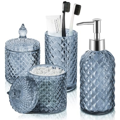 RYTOXILO Blue Bathroom Accessories Set, 4 Pack Glass Decor