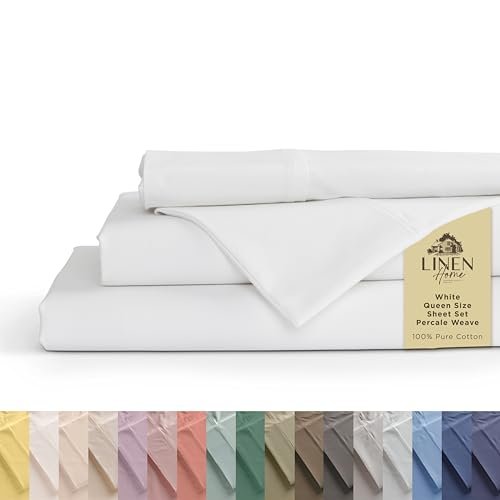 Linen Home 100% Cotton Percale Sheets Queen Set - White