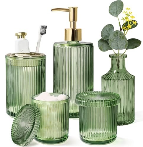 Green Bathroom Accessories 5 Pcs, Glass Bathroom Set