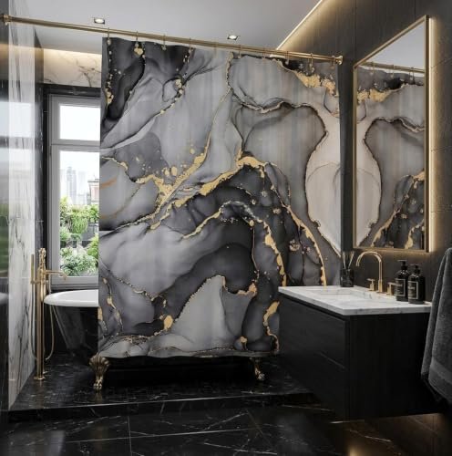 CRTPOD Black Marble Shower Curtain, Modern Abstract Ink...
