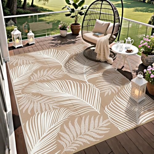 Pauwer Waterproof Outdoor Rug 5x8, Plastic Straw Leaf Brown