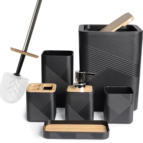 CERBIOR Bamboo Bathroom Accessories Set 6 Piece Square...