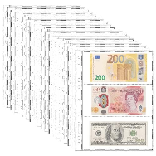 20 Sheets Currency Pages for Paper Money with 3 Pockets