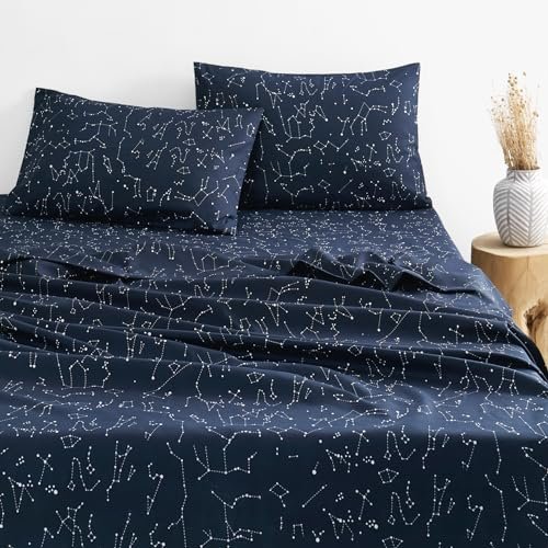 Wake In Cloud - Constellation Bed Sheets, Navy Queen Set.