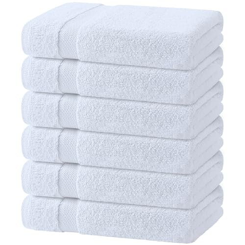 White Bath Towels 24x50 Inch, 6 Pack - Absorbent Cotton