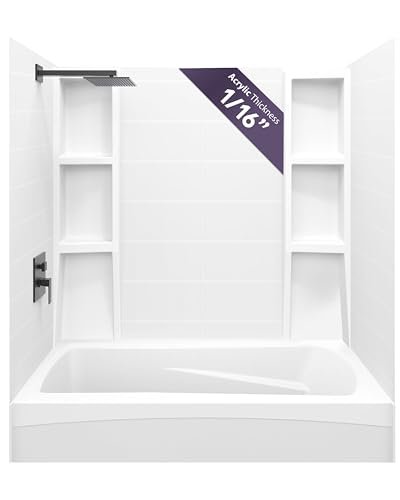 White Acrylic Tub Wall Surround D32 x Stacked Tiles