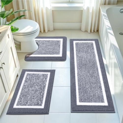 Pauwer Bathroom Rugs 3 Piece Set, Non Slip Washable