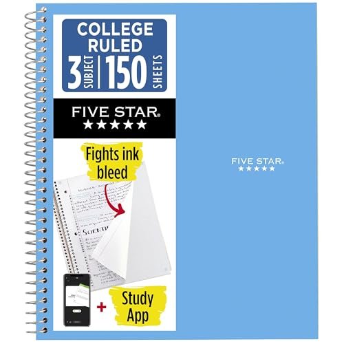 Five Star Spiral Notebook + Study App, 3 Subject College
