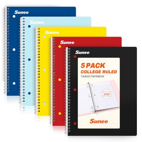 SUNEE Spiral Notebooks, 1-Subject, 5 Pack, College Ruled