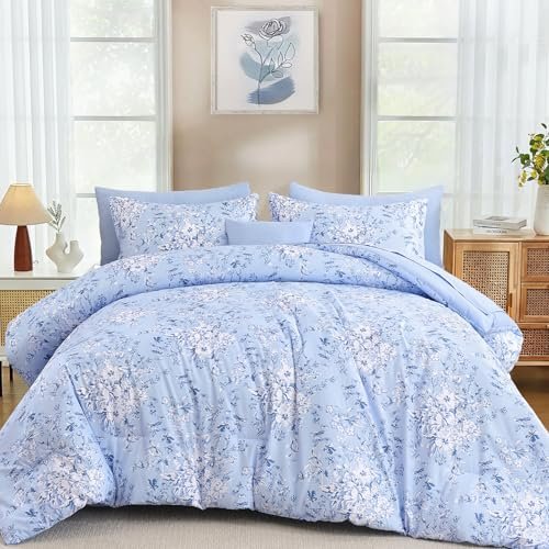 King Size Comforter Set 8 Pieces Blue Floral Bedding